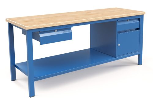 Fiókos műhelyasztal ipari kivitel 2 fiók, 1 szekrény, 43 mm bükkfa munkalappal 400 kg teherbírású munkaasztal 200x70x88 cm CORTI STONE 