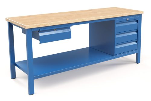 Fiókos műhelyasztal ipari kivitel 1 fiók, 3 fiókos szekrény, 43 mm bükkfa munkalappal 400 kg teherbírású munkaasztal 200x70x88 cm CORTI STONE 