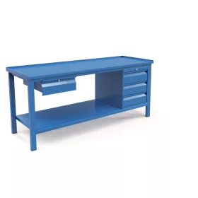   Műhelyasztal ipari kivitel 1 fiók és 3 fiókos szekrénnyel, acél munkalappal 400 kg teherbírású munkaasztal 200x70x88 cm CORTI FERRO