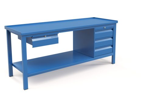 Műhelyasztal ipari kivitel 1 fiók és 3 fiókos szekrénnyel, acél munkalappal 400 kg teherbírású munkaasztal 200x70x88 cm CORTI FERRO