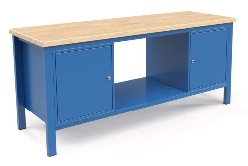Fiókos műhelyasztal ipari kivitel 2 polcos szekrénnyel, 43 mm bükkfa munkalappal 400 kg teherbírású munkaasztal 200x70x88 cm CORTI STONE 