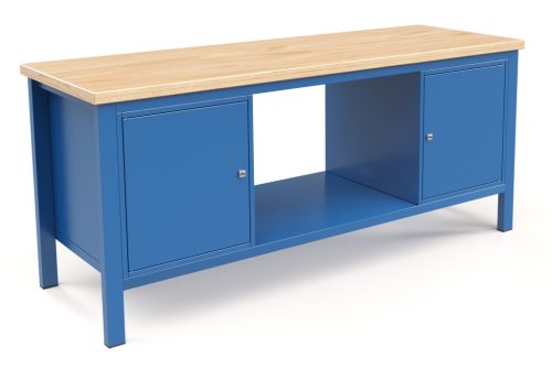 Fiókos műhelyasztal ipari kivitel 2 polcos szekrénnyel, 43 mm bükkfa munkalappal 400 kg teherbírású munkaasztal 200x70x88 cm CORTI STONE 