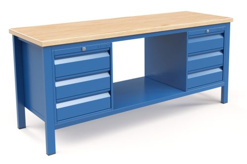 Fiókos műhelyasztal ipari kivitel 2 fiókos szekrénnyel, 43 mm bükkfa munkalappal 400 kg teherbírású munkaasztal 200x70x88 cm CORTI STONE 