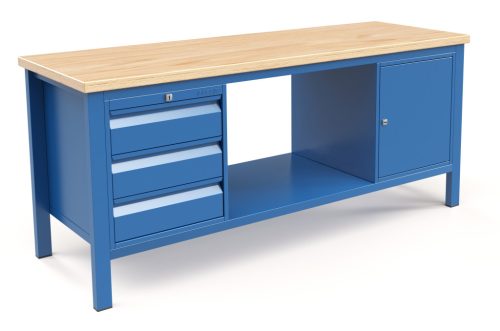 Fiókos műhelyasztal ipari kivitel 2 szekrénnyel, 43 mm bükkfa munkalappal 400 kg teherbírású munkaasztal 200x70x88 cm CORTI STONE 