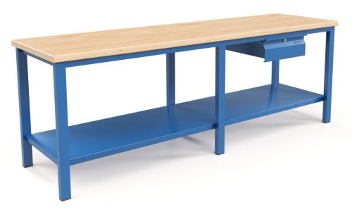 Fiókos műhelyasztal ipari kivitel 43 mm bükkfa munkalappal, 1 fiókkal 1300 kg teherbírású munkaasztal 250x70x88 cm CORTI STONE 