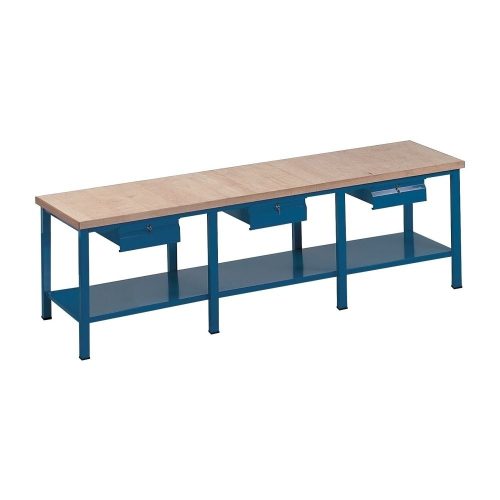 Fiókos műhelyasztal ipari kivitel 3 fiókkal, rétegelt lemez munkalappal 1500 kg teherbírású munkaasztal 300x75x88 cm CORTI STONE 
