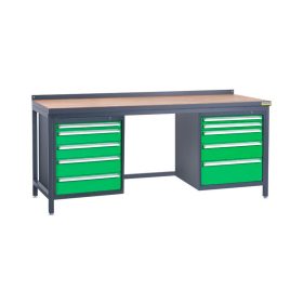   Fiókos műhelyasztal ipari kivitel 2000 mm 1500 kg állítható magasság tölgyfa asztallap