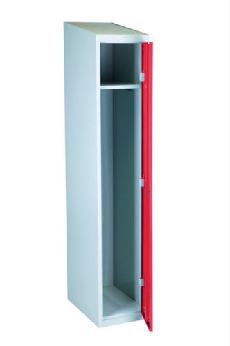 Öltözőszekrény lakatpánttal Swed-1 acél szekrény 1 ajtós 1 db tároló polccal 1920x350x550 mm szürke-piros színben