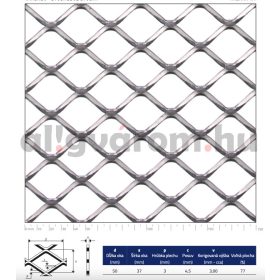   Perforált lemez acél 1000x2000 mm tábla 50x37 mm lyuk négyzet alakú osztással 77%-os áteresztő felülettel 