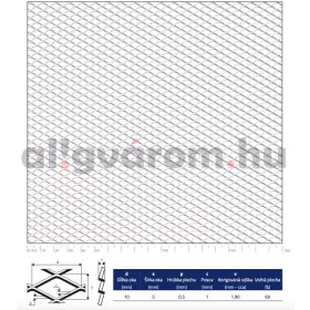   Perforált lemez acél 1000x2000 mm tábla 10x5 mm lyuk rombusz alakú osztással 60%-os áteresztő felülettel 