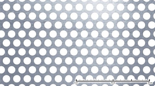 Perforált lemez acél 1000x2000x2 mm tábla 20 mm lyuk kör alakú osztással 46%-os áteresztő felülettel 