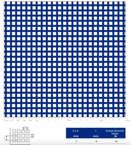 Perforált lemez rozsdamentes acél 1000x2000x1,5 mm tábla 5x5 mm lyuk hálós osztással Szabad áteresztő felület: 39% saválló inox