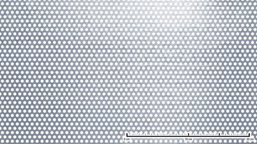 Perforált lemez rozsdamentes 1000x2000x1,5 mm tábla 5 mm lyuk Körlyukasztás átlós osztással Szabad áteresztő felület: 35% saválló inox