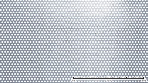 Perforált lemez rozsdamentes 1250x2500x1,5 mm tábla 5 mm lyuk Körlyukasztás átlós osztással Szabad áteresztő felület: 35% saválló inox