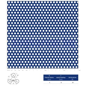   Perforált lemez rozsdamentes 1000x2000x0,8mm tábla 5 mm lyuk Körlyukasztás átlós osztással Szabad áteresztő felület: 35% saválló inox