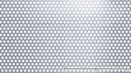Perforált lemez rozsdamentes 1000x2000x2 mm tábla 8 mm lyuk Körlyukasztás átlós osztással Szabad áteresztő felület: 40% saválló inox