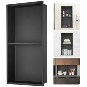   Beépíthető fürdőszobai polc, fali fülke 10x33x63 cm rozsdamentes acél, fekete, peremes