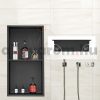 Beépíthető fürdőszobai polc, fali fülke 10x33x63 cm rozsdamentes acél, fekete, peremes