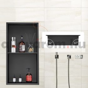   Beépíthető fürdőszobai polc, fali fülke 10x33x63 cm rozsdamentes acél, fekete, peremes