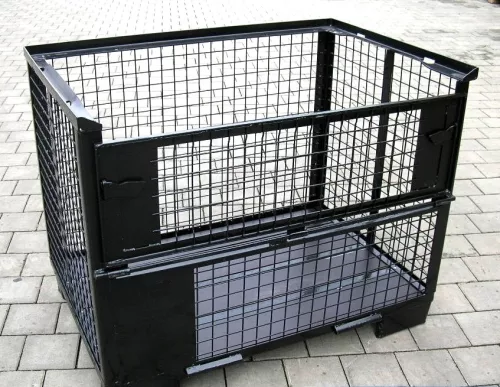 Rácsos tároló konténer erősített, daruzható DIN15155 szabvány szerint, EUR raklap méret belül 800x1200x510 mm 1500 kg Gitterbox, GiBo