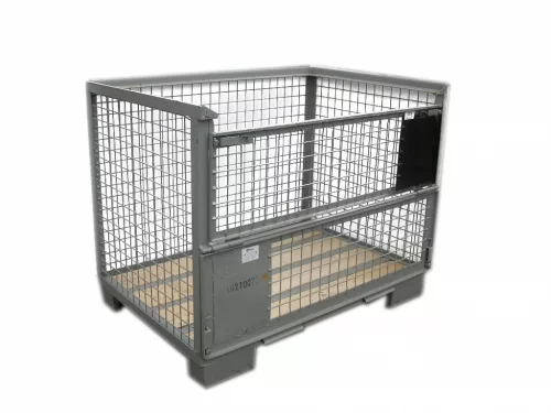 Rácsos tároló konténer fa aljzat DIN 15155 szabvány szerint, Europools visszaváltható konténer EUR raklap méret belül 800x1200x800 mm 1500 kg Gitterbox, GiBo
