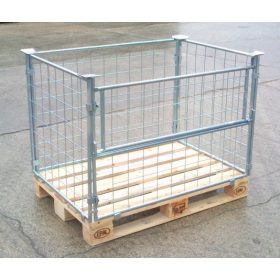 Rácsos tároló konténer, összecsukható, EUR raklap méret belül 800x1200x800 mm