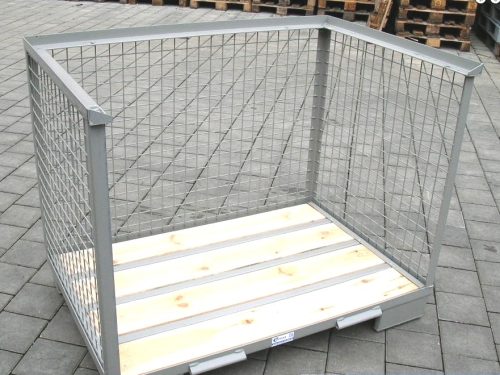 Rácsos tároló konténer oldalt nyitott DIN 15155 szabvány szerint, EUR raklap méret belül 800x1200x51