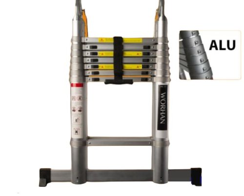 Teleszkópos, kétágú létra, ENYHE SÉRÜÉSSEL! aluminium rögzítőgyűrűkkel, kinyitva 560 cm, összecsukva 91 cm magas. Multifunkciós, változtatható szárhosszú létra