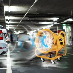  SZÁLLÍTÁS SÉRÜLT! Ipari építkezési ventilátor 4240 CFM légszállítással – 1100 W AC motor, 2850 ford./perc, IP44 védettség, 5 m kábellel, 79 dB zajszint, robusztus acélházas kivitel 
