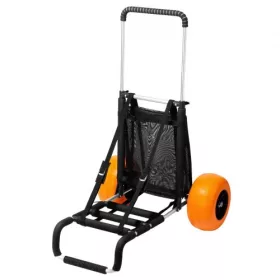   Összecsukható alumínium strandkocsi 75 kg teherbírással – 76 × 39 cm-es rakfelület, 30 cm-es tömör műanyag kerékkel, állítható magasságú húzókarral és rögzítőpánttal kültéri használatra