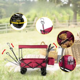   Összecsukható piros kerti kézikocsi napellenzővel – 100 kg teherbírás, nagy kerekekkel, 600D Oxford ponyvával