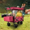 Összecsukható piros kerti kézikocsi napellenzővel – 100 kg teherbírás, nagy kerekekkel, 600D Oxford ponyvával