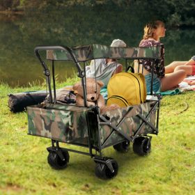   Összecsukható terepjáró kézikocsi napellenzővel 100 kg teherbírás, nagyméretű kerekek, acélvázas kültéri szállítókocsi tárolózsebekkel, 600D Oxford ponyvával, terepmintás kivitel