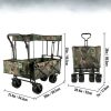 Összecsukható terepjáró kézikocsi napellenzővel 100 kg teherbírás, nagyméretű kerekek, acélvázas kültéri szállítókocsi tárolózsebekkel, 600D Oxford ponyvával, terepmintás kivitel
