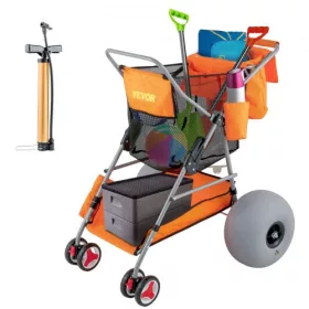   Összecsukható strandkocsi ballonkerékkel – 160 kg teherbírású homokjáró strandbuggy 30,5 cm-es kerekekkel, többzsebes tárolórendszerrel és papucs-/pohártartóval, narancssárga színben