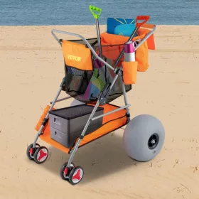   Összecsukható strandkocsi ballonkerékkel – 160 kg teherbírású homokjáró strandbuggy 30,5 cm-es kerekekkel, többzsebes tárolórendszerrel és papucs-/pohártartóval, narancssárga színben