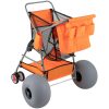 Összecsukható strandkocsi ballonkerékkel – 160 kg teherbírású homokjáró strandbuggy 30,5 cm-es kerekekkel, többzsebes tárolórendszerrel és papucs-/pohártartóval, narancssárga színben