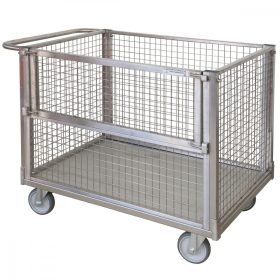   Szállítókocsi 350 kg teherbírású rozsdamentes acélból 4 hálós oldallal, egyik oldala lenyitható 