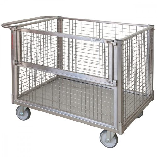 Szállítókocsi 350 kg teherbírású rozsdamentes acélból 4 hálós oldallal, egyik oldala lenyitható 