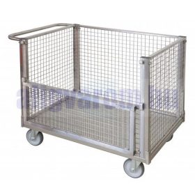   Szállítókocsi 350 kg teherbírású rozsdamentes acélból 4 hálós oldallal, egyik oldala lenyitható 