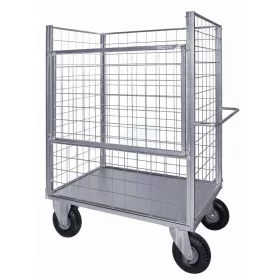   Festett konténerkocsi 400 kg teherbírású fémlemezzel és 4 hálós oldallal 4 pneumatikus kerékkel
