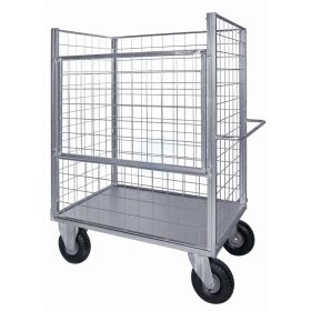   Festett konténerkocsi 400 kg teherbírású fémlemezzel és 4 hálós oldallal 4 pneumatikus kerékkel