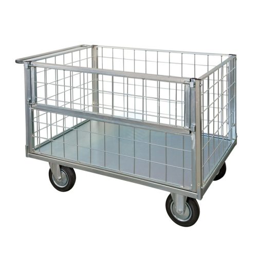 Festett konténerkocsi 500 kg teherbírású 3 rögzített oldalú 1 lehajtható oldallal 