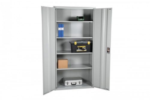 Acélszekrény szürke Swed-3 acél szerszámos szekrény 4 db tároló polccal 70 kg/polc teherbírás 2000 x 1000 x 500 mm