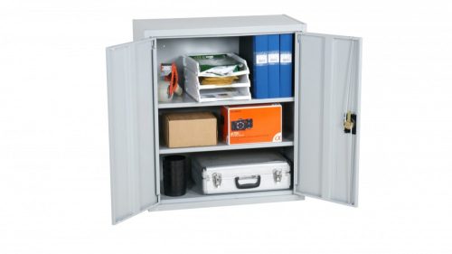 Acélszekrény szürke Swed-90 acél szerszámos szekrény 2 db tároló polccal 70 kg/polc teherbírás 900 x 800 x 400 mm