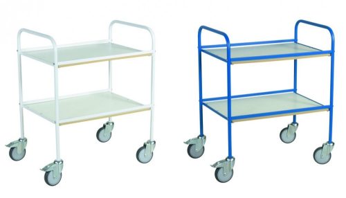 Kétszintes szervizkocsi, húzható kézikocsi 150 kg teherbírás, fékezhető kerekek 510x710 mm cm-es rakfelület kerettel kék vagy fehér színben,