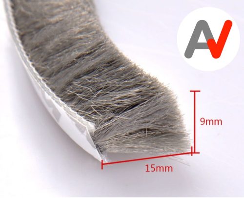 Öntapadós ajtószigetelő kefe, szélfogó üvegajtó kefe szürke 9x15 mm ajtókefe vitrin tömítés