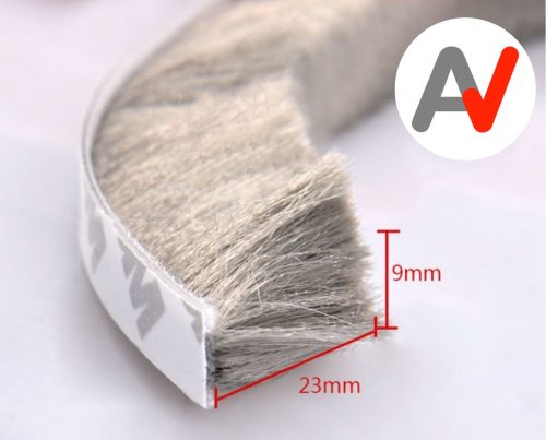 Öntapadós ajtószigetelő kefe, szélfogó üvegajtó kefe szürke 9x23 mm ajtókefe vitrin tömítés