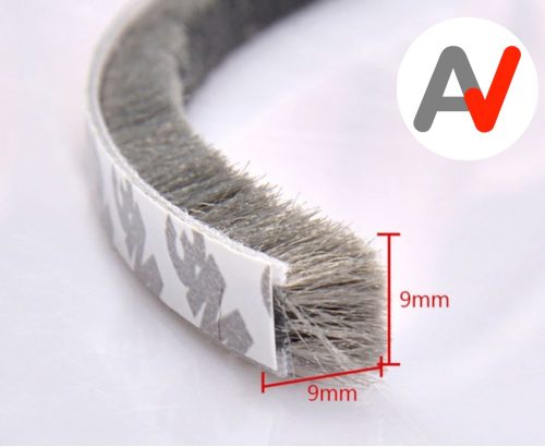 Öntapadós ajtószigetelő kefe, szélfogó üvegajtó kefe szürke 9x9 mm ajtókefe vitrin tömítés