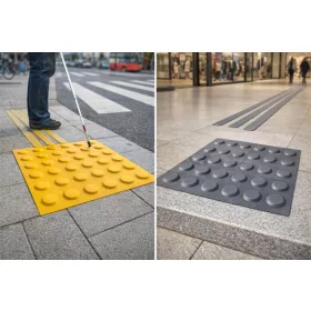   Taktilis útburkolati vezető elem vakok és gyengénlátók részére, sárga PVC-ből, 300x300x5 mm-es lap. M01 csík